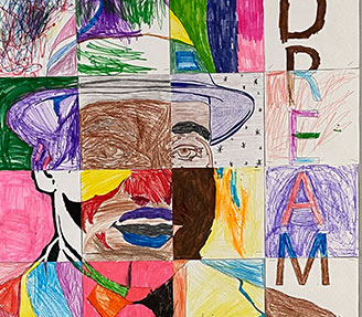 Students drawing collage of Martin Luther King Jr